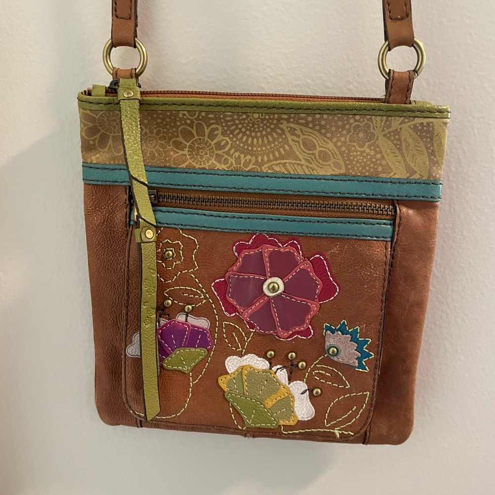 Vtg Fossil Boho Leather Multicolor Applique Floral Crossbody Bag